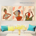 African Portrait Lady Earrings Scandinavian 3 Piece Stretched Abstract Figure Art Photo Canvas Print for Room Wall Getup