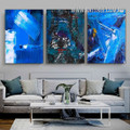 Blue Speckles Abstract Painting Image Framed 3 Piece Modern Canvas Print for Room Wall Tracery