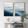 Sea Waves With Fog Landscape Contemporary Painting Picture 2 Piece Canvas Wall Art Prints for Room Adornment