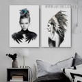 Dona Quills Portrait Feathers Framed Painting Figure Picture 2 Panel Modern Canvas Print for Room Wall Finery