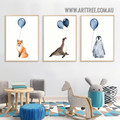 Fox With Balloons Nordic Animal Modern Painting Picture 3 Panel Canvas Prints for Room Wall Finery