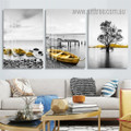 Profound Sand Skiff Tree Seascape Landscape Nature Nordic Painting Picture Framed Stretched 3 Panel Canvas Prints For Room Drape