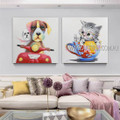 Kitty and Puppy Animal Modern Heavy Texture Artist Handmade Framed 2 Piece Multi Panel Canvas Oil Painting For Room Getup