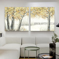 Golden Trees Abstract Landscape Modern Heavy Texture Artist Handmade Framed 2 Piece Split Complementary Paintings For Room Disposition