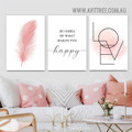 Pink Feather Nordic Typography Modern Painting Picture 3 Panel Canvas Wall Art Prints for Room Outfit