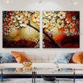 Big Flower Tree Floral Vintage Heavy Texture Artist Handmade Framed 2 Piece Split Canvas Paintings For Room Drape