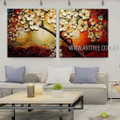 Big Flower Tree Floral Vintage Heavy Texture Artist Handmade Framed 2 Piece Split Panel Painting For Room Flourish