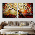 Big Flower Tree Floral Vintage Heavy Texture Artist Handmade Framed 2 Piece  Split Canvas Paintings For Room Decor