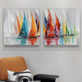 Colorful Sailboats Abstract Seascape Modern Heavy Texture Artist Handmade Framed 2 Piece Multi Panel Oil Painting Wall Art Set For Room Wall Molding