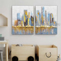 Multicolor Burg Abstract Cityscape Modern Heavy Texture Acrylic Artist Handmade Framed Stretched 2 Piece Multi Panel Painting For Room Molding