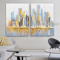 Multicolor Burg Abstract Cityscape Modern Heavy Texture Acrylic Artist Handmade Framed Stretched 2 Piece Multi Panel Canvas Oil Painting For Room Decor