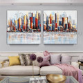 Colorful Borough Abstract Architecture Cityscape Modern Heavy Texture Acrylic Artist Handmade Framed Stretched 2 Piece Multi Panel Canvas Oil Painting Wall Art Set For Room Décor