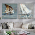 Coloured Sailboats Abstract Seascape Modern Heavy Texture Artist Handmade Framed Stretched 2 Piece Multi Panel Wall Art Paintings For Room Décor