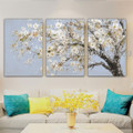 White Flower Tree Abstract Botanical Floral Modern Heavy Texture Acrylic Artist Handmade Framed Stretched 3 Piece Multi Panel Oil Painting Wall Art Set For Room Getup