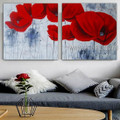 Red Poppies Floral Modern Heavy Texture Artist Handmade Framed Stretched 2 Piece Split Panel Painting Wall Art Set For Room Decor