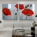 Poppy Buds Floral Modern Heavy Texture Artist Handmade Framed Stretched 2 Piece Multi Panel Canvas Oil Painting Wall Art Set For Room Adornment
