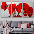 Poppy Burgeons Floral Modern Heavy Texture Artist Handmade Framed Stretched 3 Piece Split Complementary Paintings Wall Art Set For Room Tracery