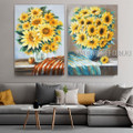 Yellow Sunflower Floral Modern Heavy Texture Artist Handmade Framed Stretched 2 Piece Multi Panel Wall Art Paintings For Room Onlay