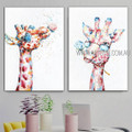 Colorful Giraffes Animal Modern Heavy Texture Artist Handmade Framed Stretched 2 Piece Multi Panel Paintings For Room Decor