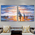 Evenfall Ocean Landscape Nature Seascape Modern Heavy Texture Artist Handmade Framed Stretched 2 Piece Split Canvas Paintings For Room Garniture