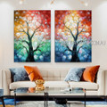 Gaunt Trees Abstract Botanical Modern Heavy Texture Artist Handmade Framed Stretched 2 Piece Multi Panel Painting Wall Art Set For Room Tracery