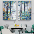 Woodland Landscape Nature Botanical Modern Heavy Texture Palette Knife Artist Handmade Framed Stretched 2 Piece Split Panel Painting For Room Tracery