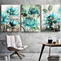 Teal Flower Plants Floral Vintage Heavy Texture Artist Handmade Framed Stretched 3 Piece Multi Panel Wall Art Paintings For Room Onlay