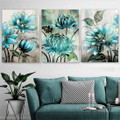 Teal Flower Plants Floral Vintage Heavy Texture Artist Handmade Framed Stretched 3 Piece Multi Panel Paintings Wall Art Set For Room Decor