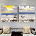 Seascape Landscape Nature Modern Heavy Texture Artist Handmade Framed Stretched 2 Piece Multi Panel Canvas Oil Painting For Room Wall Décor