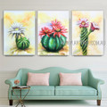 Cactus Saplings Abstract Botanical Modern Heavy Texture Artist Handmade Framed Stretched 3 Piece Multi Panel Painting Wall Art Set For Room Garnish