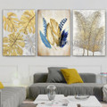 Leaves And Feathers Abstract Modern Heavy Texture Artist Handmade Framed Stretched 3 Piece Multi Panel Canvas Paintings Set For Room Garnish