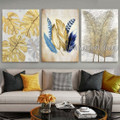 Leaves And Feathers Abstract Modern Heavy Texture Artist Handmade Framed Stretched 3 Piece Multi Panel Wall Art Paintings Set For Room Decoration