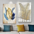 Foliage And Plumages Abstract Modern Heavy Texture Artist Handmade Framed Stretched 2 Piece Multi Panel Canvas Painting For Room Decoration