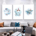 Blue Whale Fishes Animal Landscape 3 Multi Panel Watercolor Painting Set Photograph Stretched Nursery Canvas Print for Room Ornament