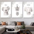 Koala Zebra Animal Botanical Photograph on Canvas 3 Multi Panel Nursery Stretched Painting Set Print for Room Wall Adornment