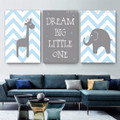 Dream Big Little One Quotes Nursery Animal Photograph Abstract 3 Piece Set Stretched Canvas Print for Room Wall Artwork Garniture