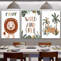 Wild And Free Leaflets Animal Nursery Typography Photograph 3 Piece Set Stretched Canvas Print Artwork for Room Wall Finery