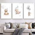 Rabbit And Bear Cartoon Animal Minimalist 3 Multi Panel Nursery Painting Set Stretched Photograph Canvas Print for Room Wall Adornment