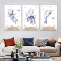 Narwhal Sea Creature Fishes Animal Seascape 3 Multi Panel Nursery Painting Set Stretched Photograph Canvas Print for Room Wall Adornment