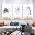 Turtle Dolphin Jellyfish Nursery Stretched 3 Multi Panel Seascape Painting Set Photograph Animal Canvas Print for Room Wall Arrangement