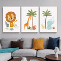 Lion Giraffe And Elephant Cartoon Nursery Landscape Cheap 3 Multi Panel Animal Kids Wall Stretched Art Photograph Canvas Print for Room Embellishment