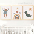 Cute Dinosaur And Bear Sun Animal Nordic 3 Multi Panel Nursery Painting Set Stretched Photograph Canvas Print for Room Wall Adornment