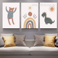 Cute Dinosaur And Bear Animal Nordic Kids Nursery 3 Multi Panel Artwork Set Stretched Photograph Canvas Print for Room Wall Arrangement