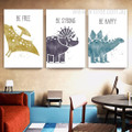 Be Free Dinosaurs Typography Animal 3 Multi Panel Nursery Stretched Painting Set Photograph Canvas Print for Room Wall Flourish