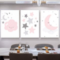 Moon Stars And Clouds Nature 3 Multi Panel Minimalist Painting Set Photograph Stretched Nursery Canvas Print for Room Ornament