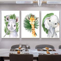 Cute Rhino Giraffe Elephant Babies Animal Botanical 3 Panel Nursery Stretched Painting Set Photograph Canvas Print for Room Wall Tracery