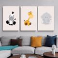 Animated Zebra Giraffe Elephant Minimalist Photograph Animal Nursery 3 Piece Set Stretched Canvas Print for Room Wall Art Assortment