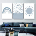 Blue Rainbow And Sun Minimalist Nature Photograph Nursery 3 Piece Wall Set Canvas Print Stretched Art For Room Trimming