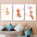 Cute Wild Fox Clouds Animal 3 Panel Set Nursery Nature Stretched Painting Photograph Canvas Print Home Wall Decoration