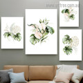 Tropical Floret Monstera Foliage Leaves Watercolor Botanical 4 Multi Panel Stretched Minimalist Painting Set Photograph Canvas Print for Room Wall Flourish